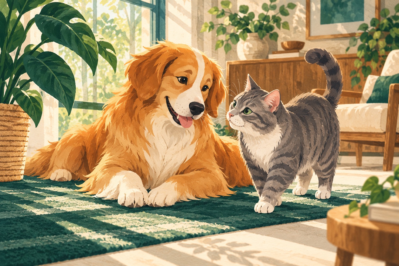 Illustrated dog and cat resting together at home